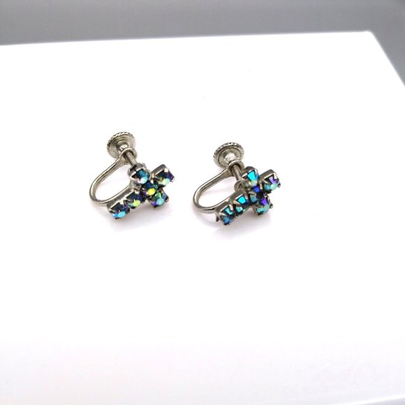 Vintage Dainty Crystal Cross Earrings with Blue AB Sparkle, Classic Tiny Screw - Picture 4 of 7
